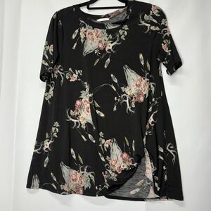 Emetla Black Floral‎ Skull Bohemian Tunic Top Short Sleeve Medium Western Hippie